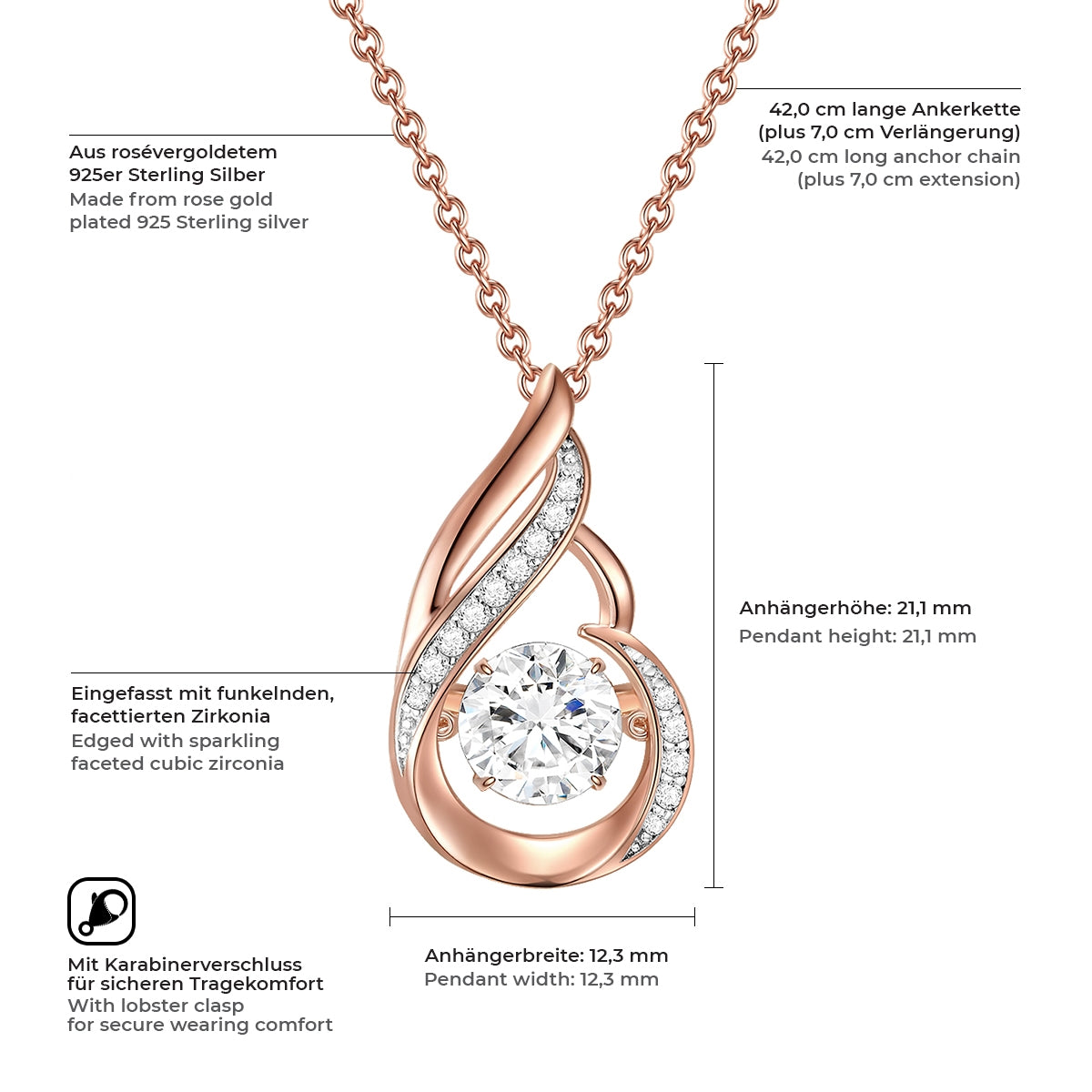 Kette mit Anhänger Sterling Silber roségold Zirkonia weiß